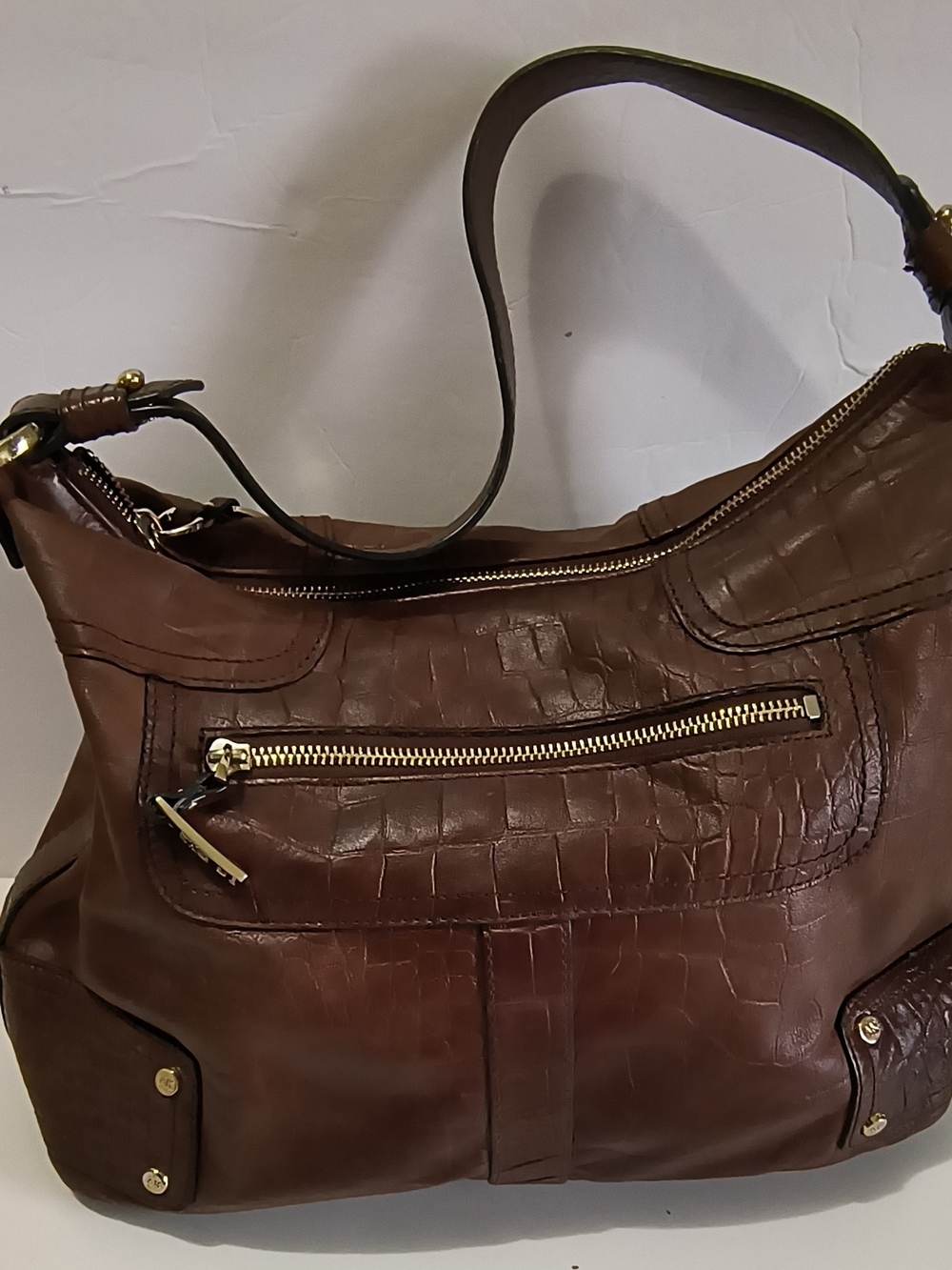 Anne Klein Brown Croc-Embossed Shoulder Bag with Gold Hardware